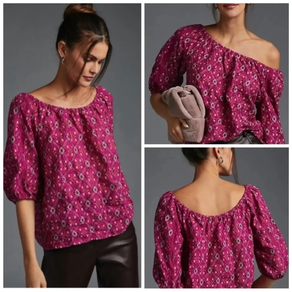 Anthropologie | Block Print Off-The-Shoulder 3/4 Length Sleeve Top Pink (XS) - Picture 1 of 15